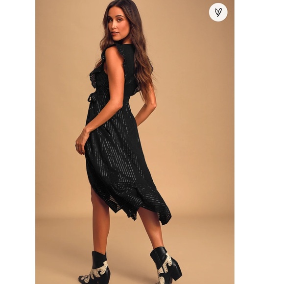 Lulus something to see black striped ruffled wrap midi dress - Picture 3 of 9